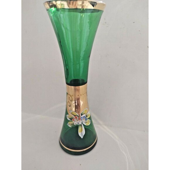 Bohemia Art Glass Vase Hand Blown - Gold Gilded- Enamel Florals 7" Tall - Picture 10 of 11
